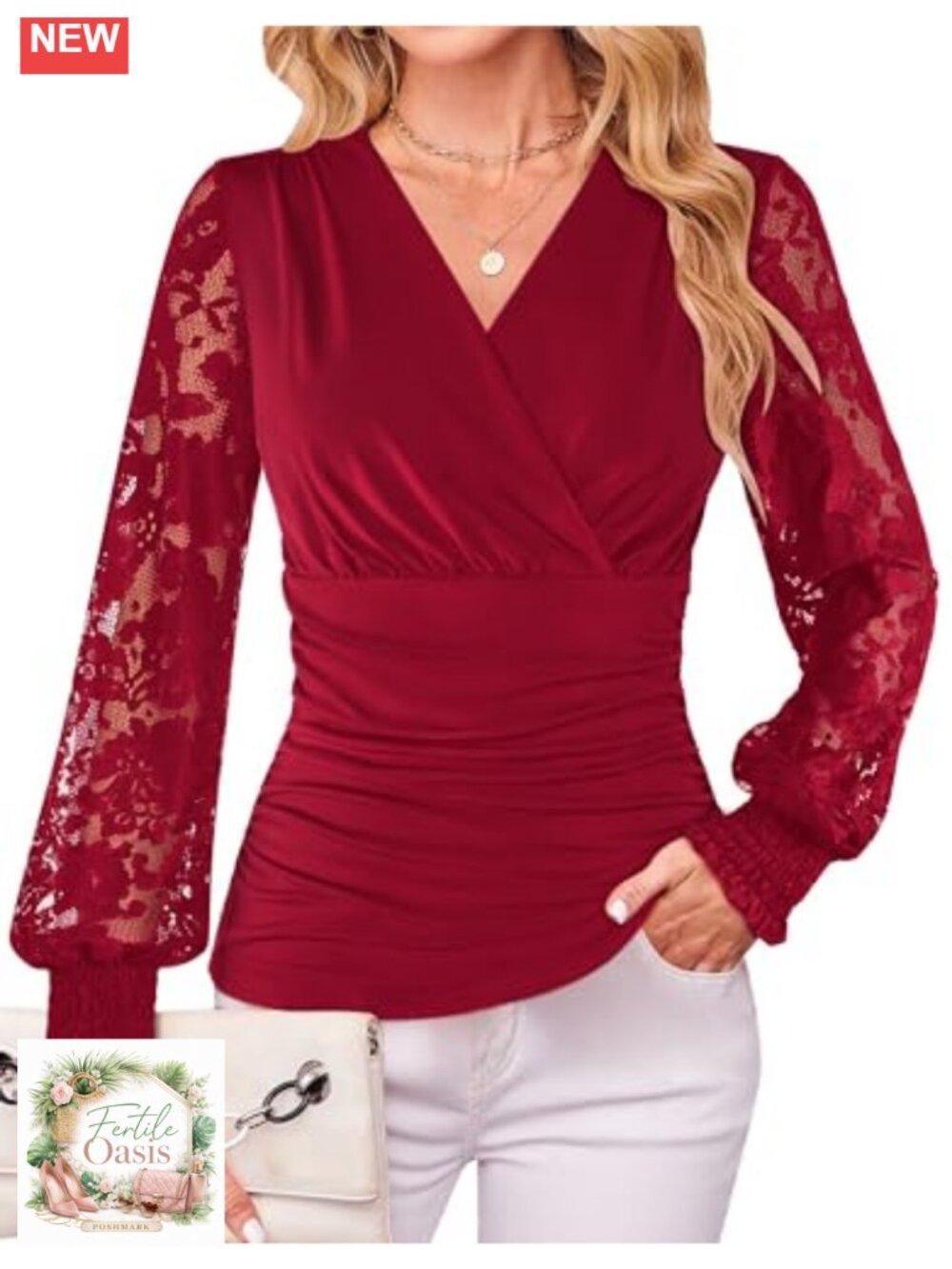 Women's Stretchy Wrap Lace Top Long Sleeve V-Neck Ruched Casual Shirt